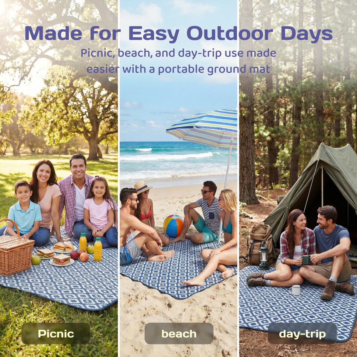 Adivo Waterproof Picnic Blanket Foldable Portable Polyester Outdoor Mat with Carry Handle for Beach Camping 59x79/79x79in