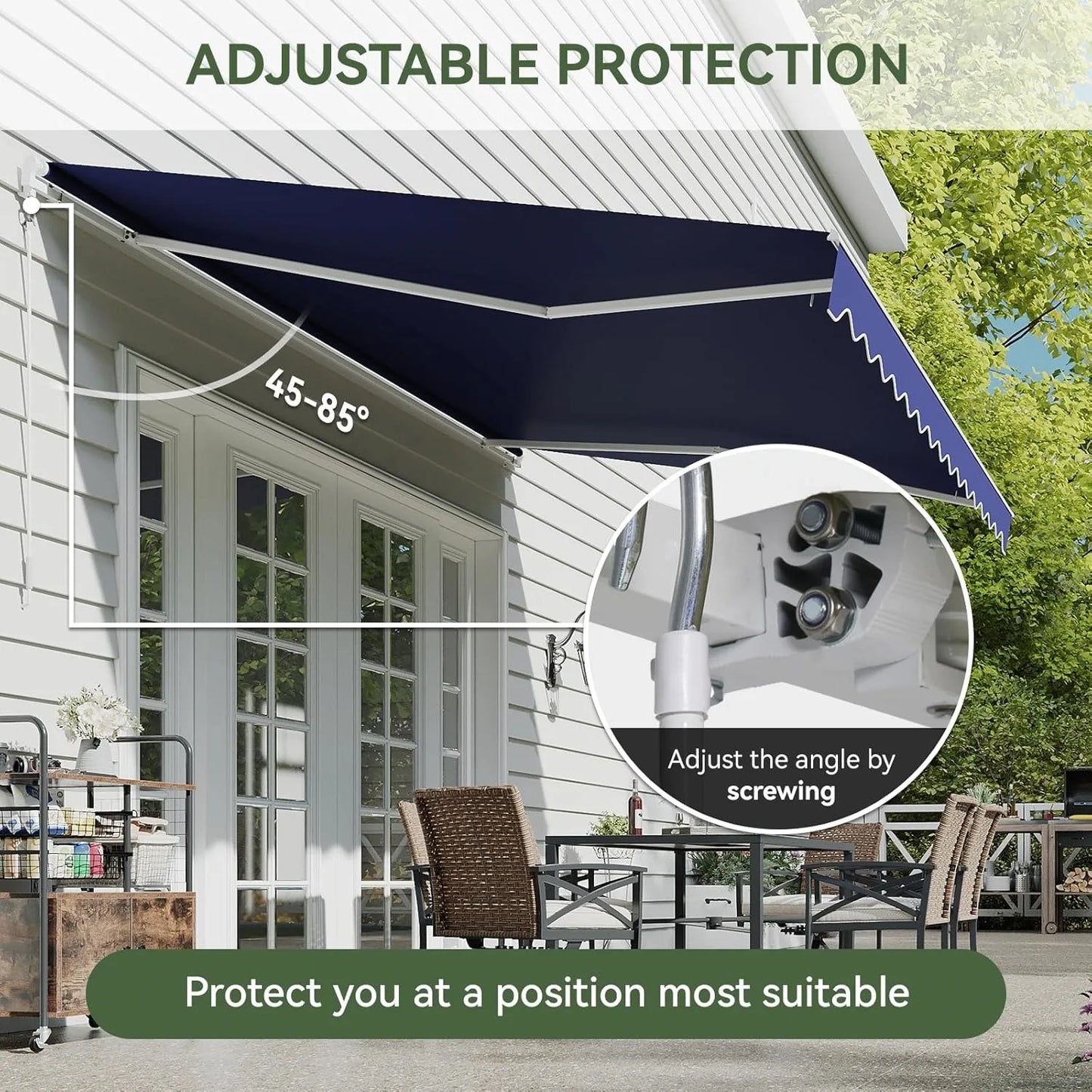 Nordivale 12x10ft Manual Retractable Awning Outdoor Patio Sun Shade Canopy Waterproof Polyester PA Coated Fabric with Crank Handle for Backyard Deck Window Blue