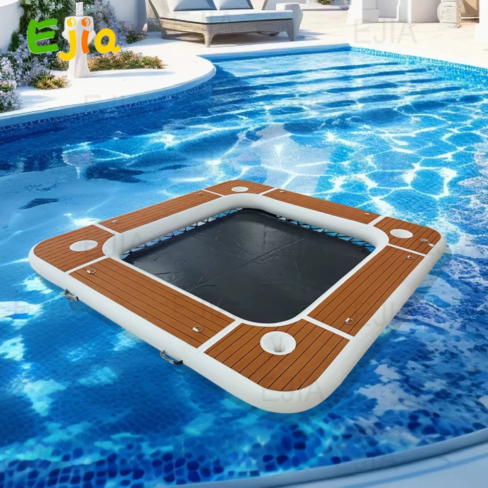 Inflatable Water Hammock 8ft (2.5m) Floating Dock with Cup Holders, Durable PVC Floating Mat Pontoon for Pool, Lake, Beach, Boat & Yacht Relaxation Platform