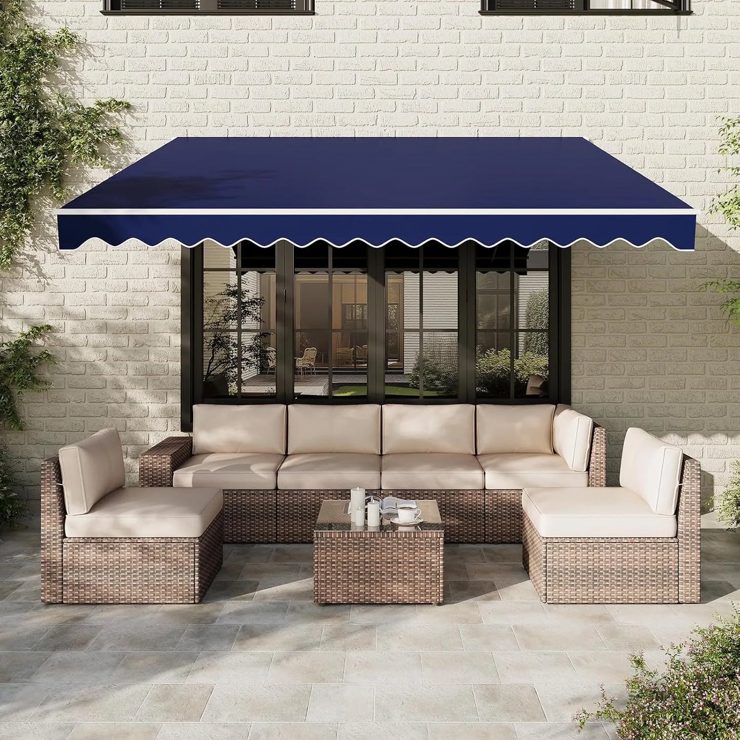 Nordivale 12x10ft Manual Retractable Awning Outdoor Patio Sun Shade Canopy Waterproof Polyester PA Coated Fabric with Crank Handle for Backyard Deck Window Blue