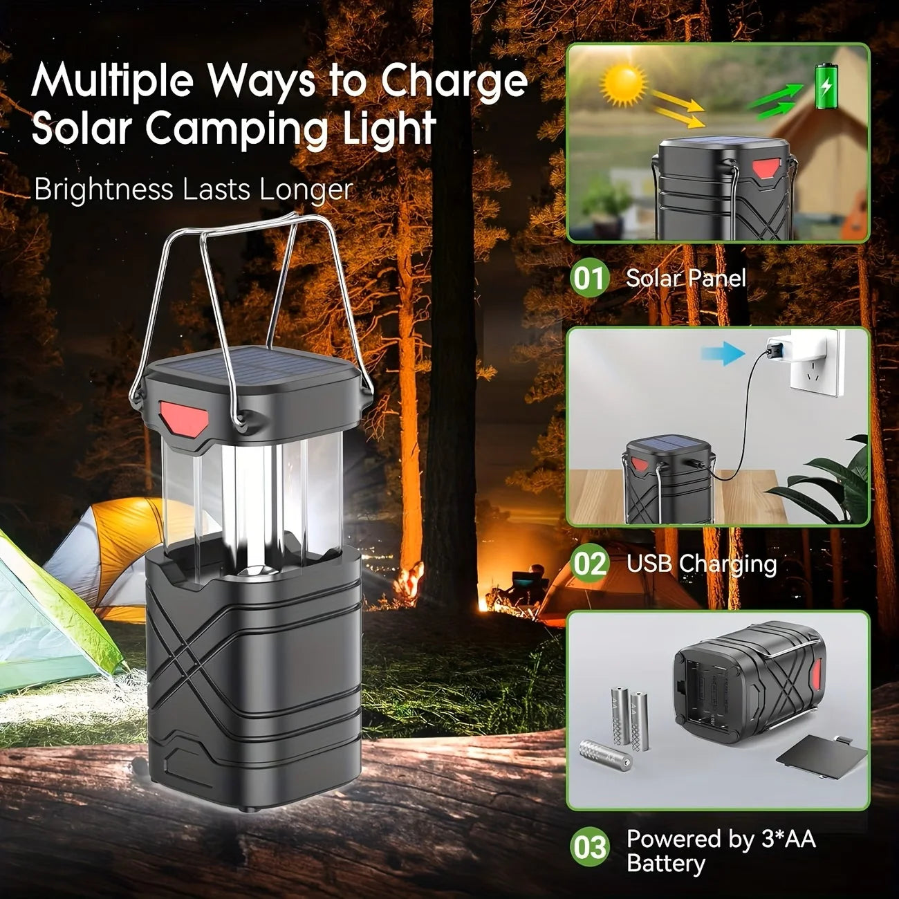Solar Camping Lantern 2/4-Pack, Rechargeable LED with Flashlight, USB-C & Solar Powered, Collapsible for Outdoor, Emergency Use