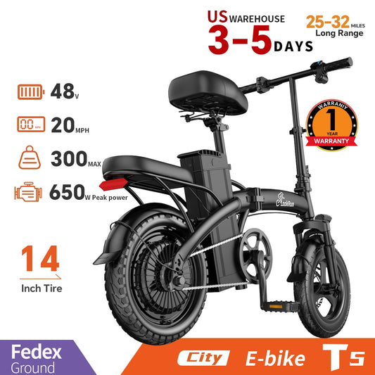 Folding Electric Bike,48V15AH Speed Over 20 MPH, 600W Adult Electric Bicycle with 14-inch Fat Tires, Max Range 20 Miles
