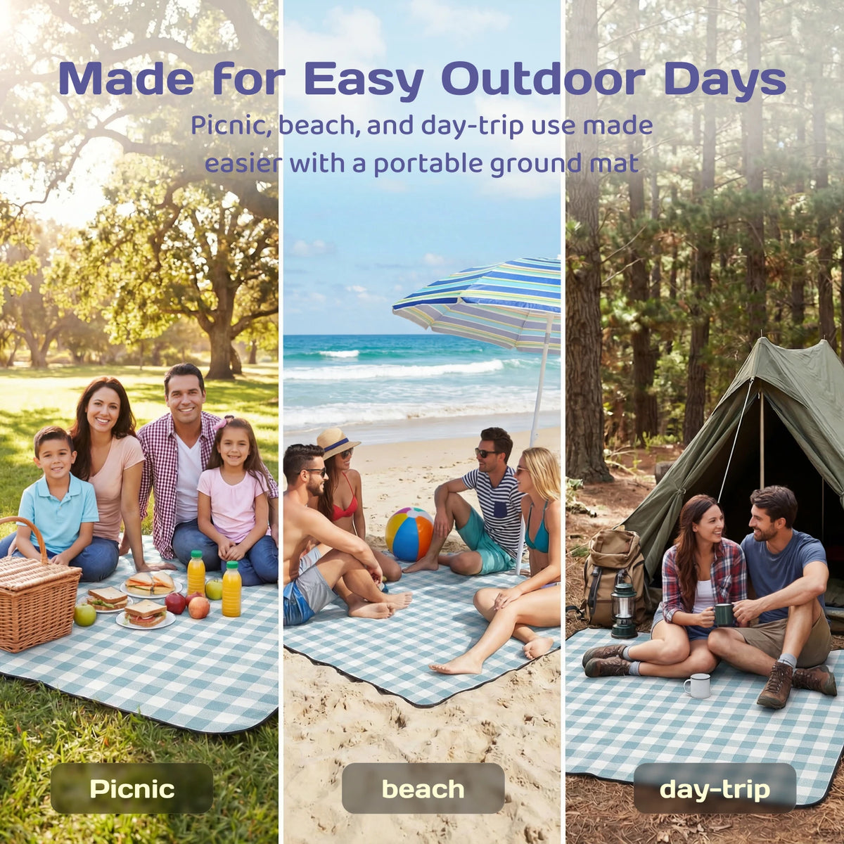 Adivo Waterproof Plaid Picnic Blanket Foldable Acrylic Outdoor Mat with Carry Strap for Beach Camping 59x79/79x79/79x118in