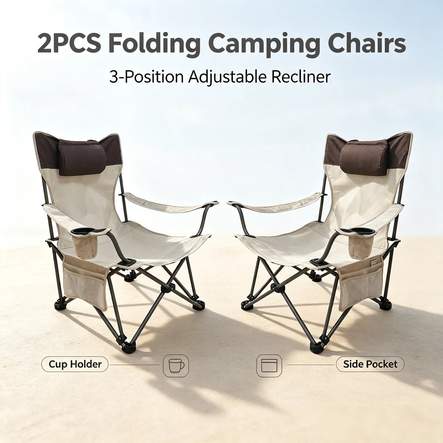 2PCS Folding Camping Chairs, Adjustable 3-Position Reclining Outdoor Lounge Chair with Side Pocket & Cup Holder, Portable Camping Chair with Carry Bag,Beige ,Dark Blue,