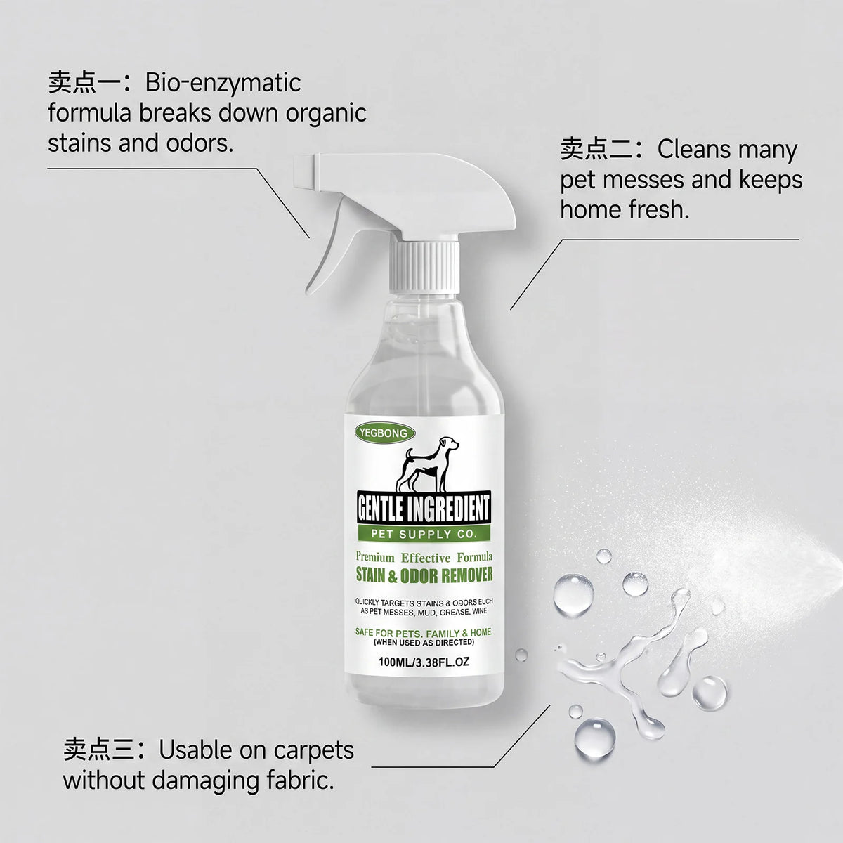 100ML Pet Stain Cleaner Spray Gentle Ingredient Dissolve Black Dirts Cleaning Stains Eliminate Bad Odors Soothing Discomfort Natural Daily Pet Cleaner