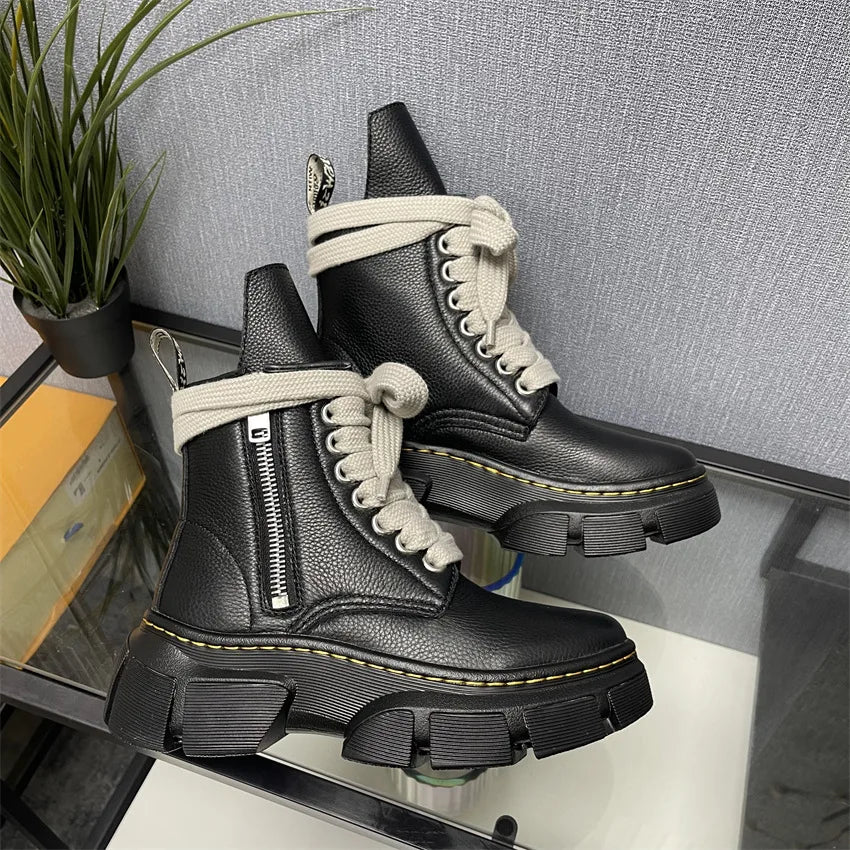 2026 Trend Men High Top Genuine Leather Boots Lace Up Thick Platform Height Increasing Warm Daily Casual Walking Footwear