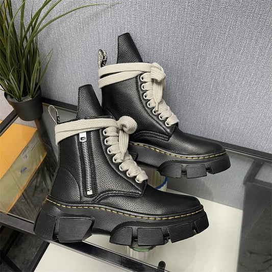 2026 Trend Men High Top Genuine Leather Boots Lace Up Thick Platform Height Increasing Warm Daily Casual Walking Footwear