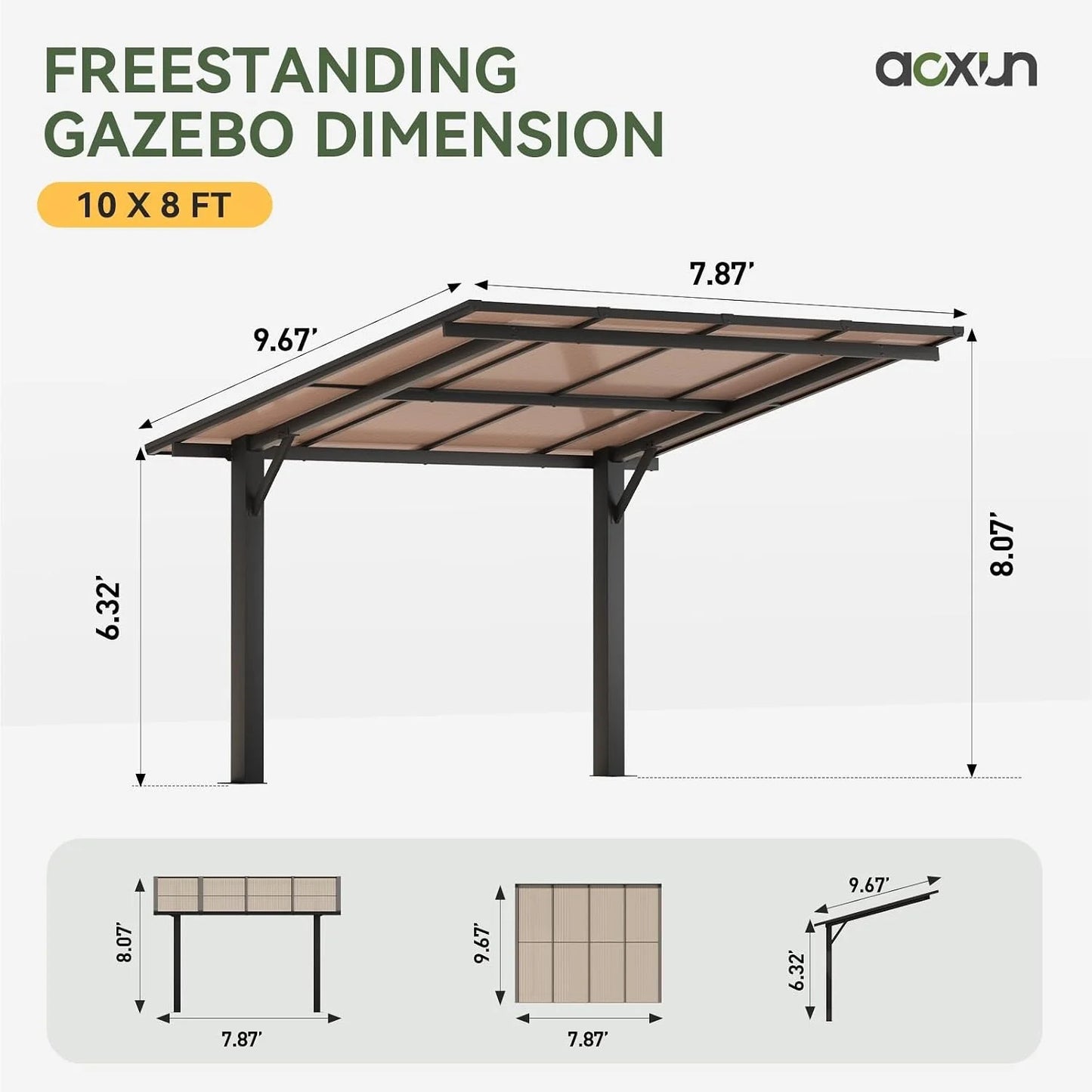 Aoxun 8x10ft Hard Top Gazebo Freestanding Metal Pergola With 4.72 Inch Thick Support Posts Heavy Duty Outdoor Carport Shelter For Patio Backyard