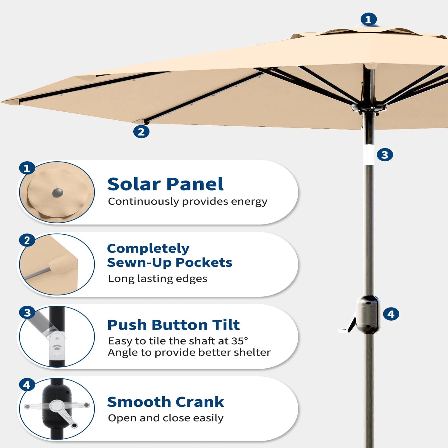 10 ft Patio Umbrella with 40 Solar LED Lights, Outdoor Market Umbrella with Push-Button Tilt and Crank, Powder-Coated Steel Pole 8 Sturdy Ribs Waterproof for Garden, Deck, Backyard, Pool, Tan