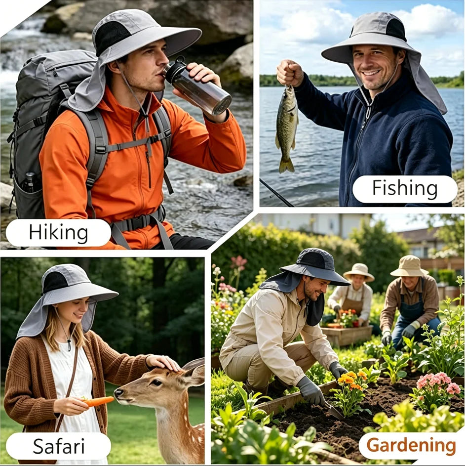 Grey Unisex Wide Brim Sun Hat With Neck Flap UPF 50+ UV Protective Lightweight Outdoor Cap For Fishing Hiking Beach Camping Gardening