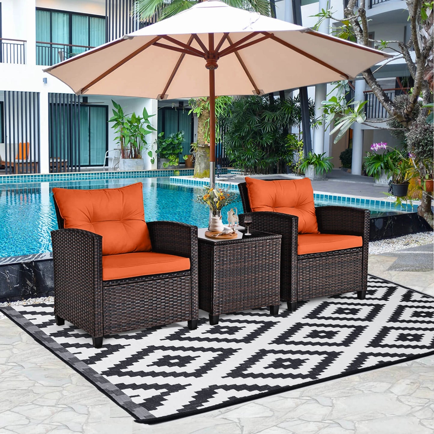HOMASIS 3 Piece Patio Rattan Furniture Set With Cushions