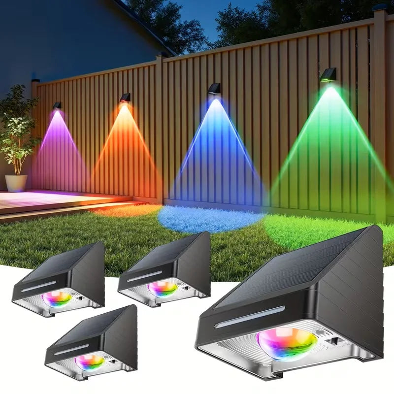 Solar Fence Lights Outdoor: Solar Powered Deck Light - 10 Lighting Modes with RGB - Waterproof IP65 - Led Lens Wall Decor for Garden Patio Backyard Porch