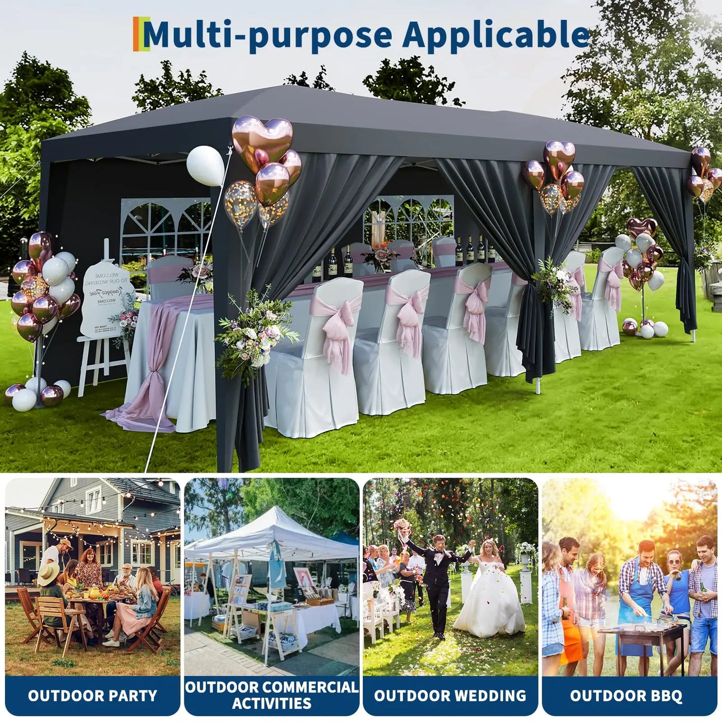 10x20 FT Pop Up Canopy Tent with 6 Removable Sidewalls, Reinforced Waterproof Outdoor Gazebo, 3 Height Adjustable Party Tent for Wedding, Market, Backyard Events, Includes Carry Bag