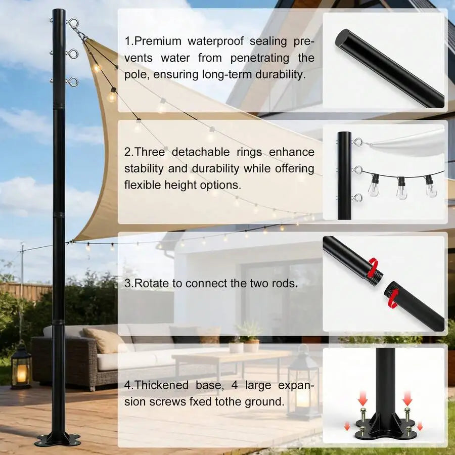 2 Pack 12ft Heavy Duty Shade Sail Poles(Not Including Shade Sail And String Lights)  With Spiral Anchor & D-Clamps, Outdoor Sun Shade Support Poles For String Lights, Patio, Backyard, Garden, Lawn, Terrace, Camping And Outdoo