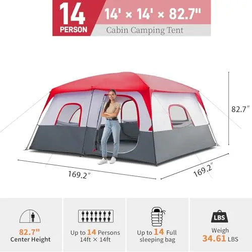 14-Person 2-Room Cabin Tent With Divider Waterproof Windproof Camping Shelter Red White