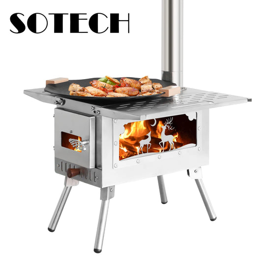 SOTECH Foldable Camping Wood Burning Stove Stainless Steel Outdoor Cooker BBQ Grill With Cooking Pan Chimney Portable Fire Pit For Camping Hiking Picnic Travel Van Life