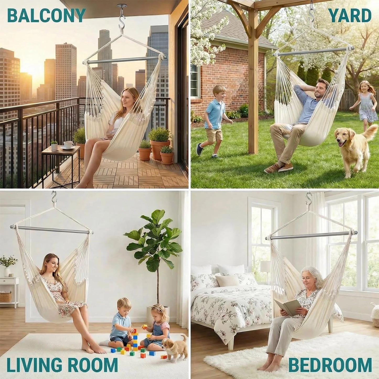 Hanging Swing Chair for Indoor & Outdoor All Weather Use, Premium Soft Cozy Fabric Hammock Chair, Comfort Hanging Seat for Garden Patio Balcony Bedroom