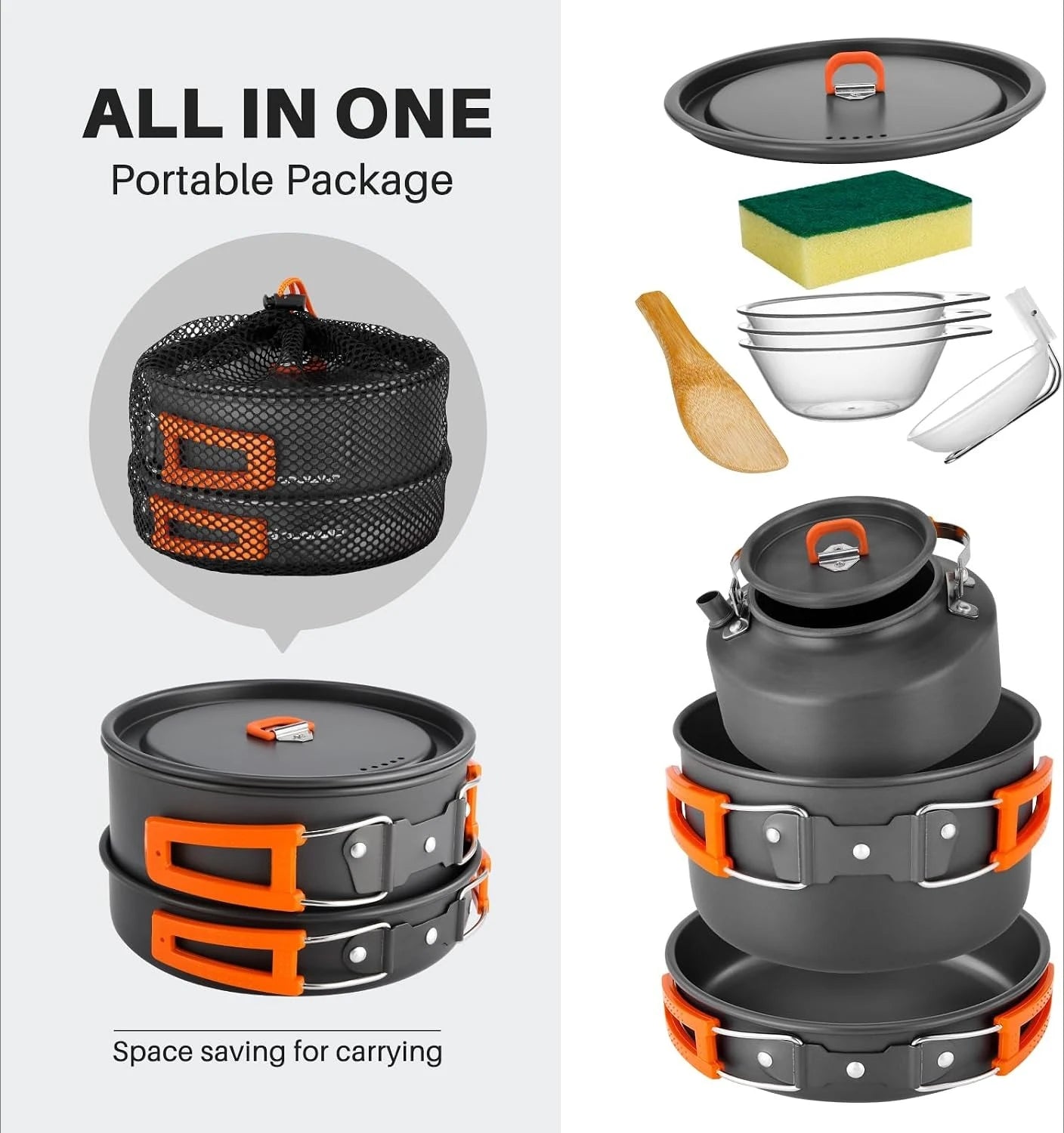 Open Fire Compatible 10Pcs Camping Cookware Set Stackable Outdoor Pots Pans Kit With Kettle Bowls Spoon For Hiking Backpacking Family Picnic