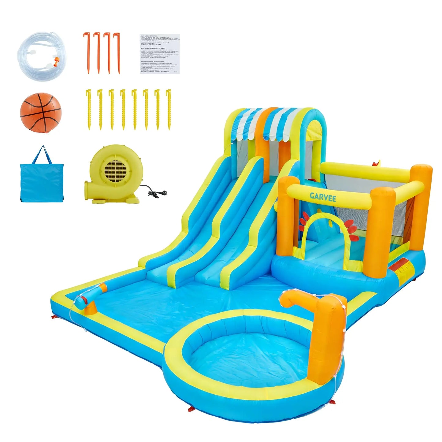 Inflatable Water Slide Bounce House 8-in-1 Kids Water Park With 550W Blower, Double Slides, Pool, Climbing Walls, Backyard Play