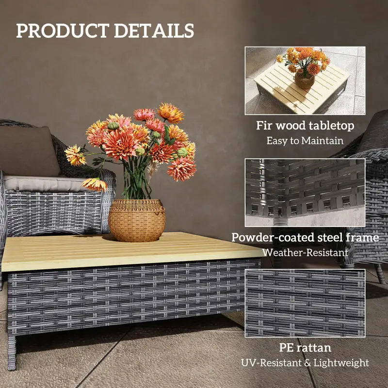 Outdoor PE Rattan Side Table With Fir Wood Top Weatherproof