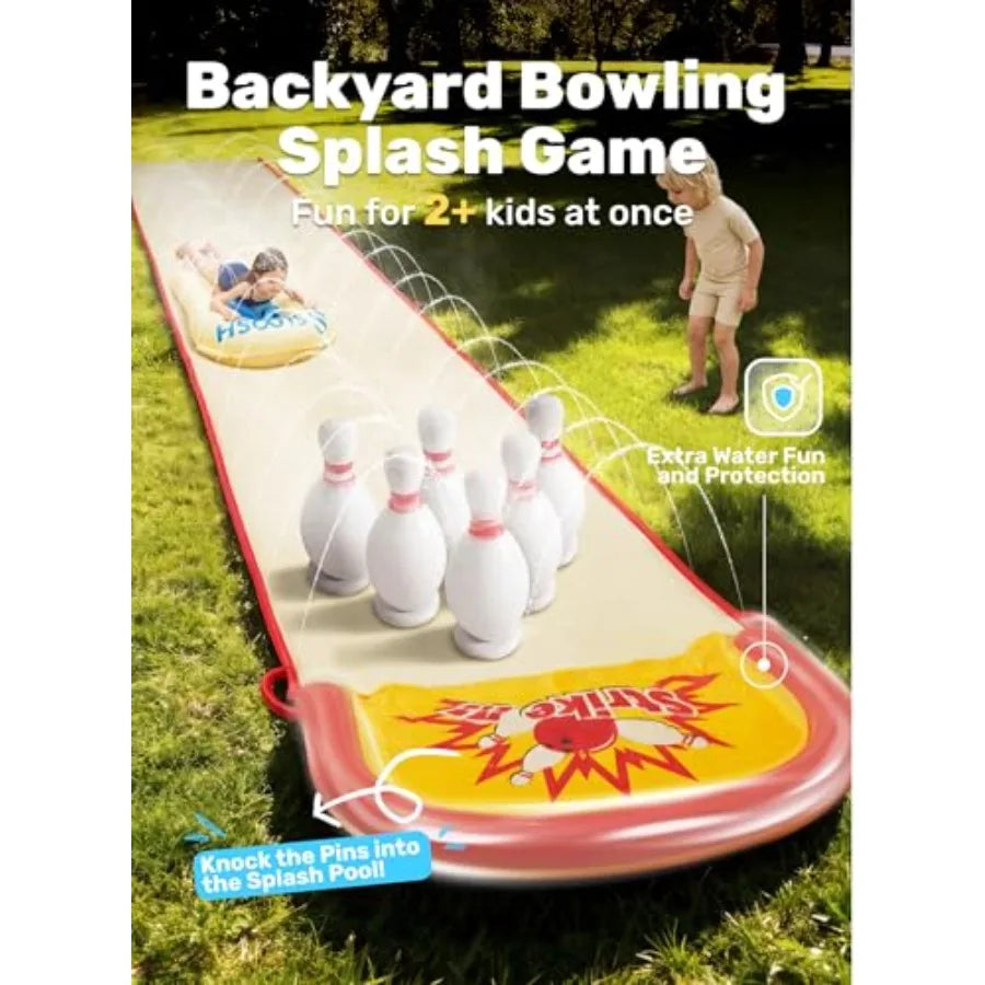 20FT Lawn Water Slide Bowling Game Set for backyard outdoor fun, PVC material, blue and yellow, built-in sprinkler and 2 bodybo