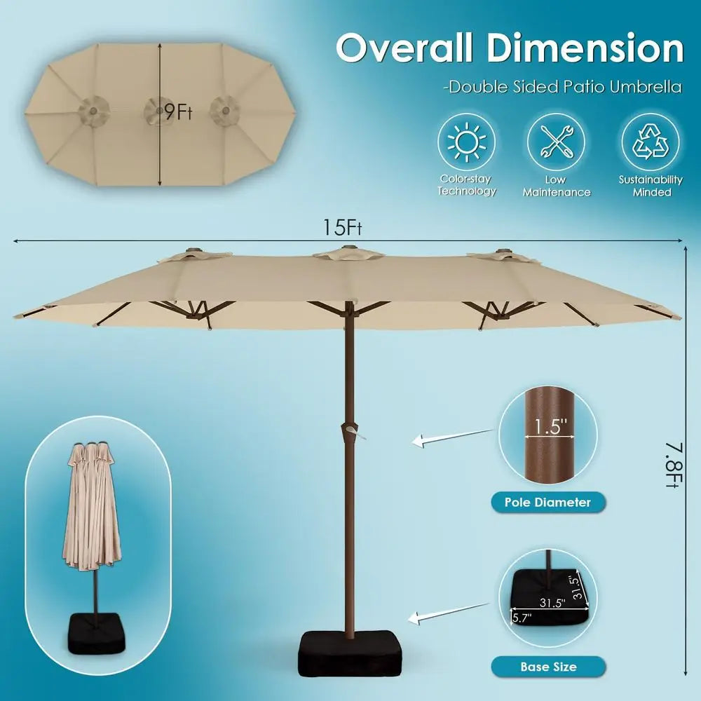 Double-Sided Patio Umbrella with Fiberglass Ribs, Crank Handle, Heavy Duty for Outdoor, Pool, Garden, Deck, Backyard, Beach - Ta