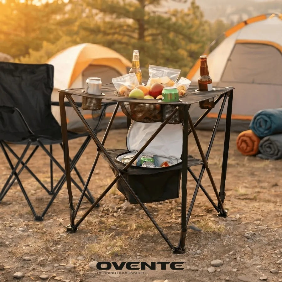 Collapsible Folding Camping Table with Insulated Cooler 4 Cup Holders Food Basket and Travel Bag Portable Tailgating Table for