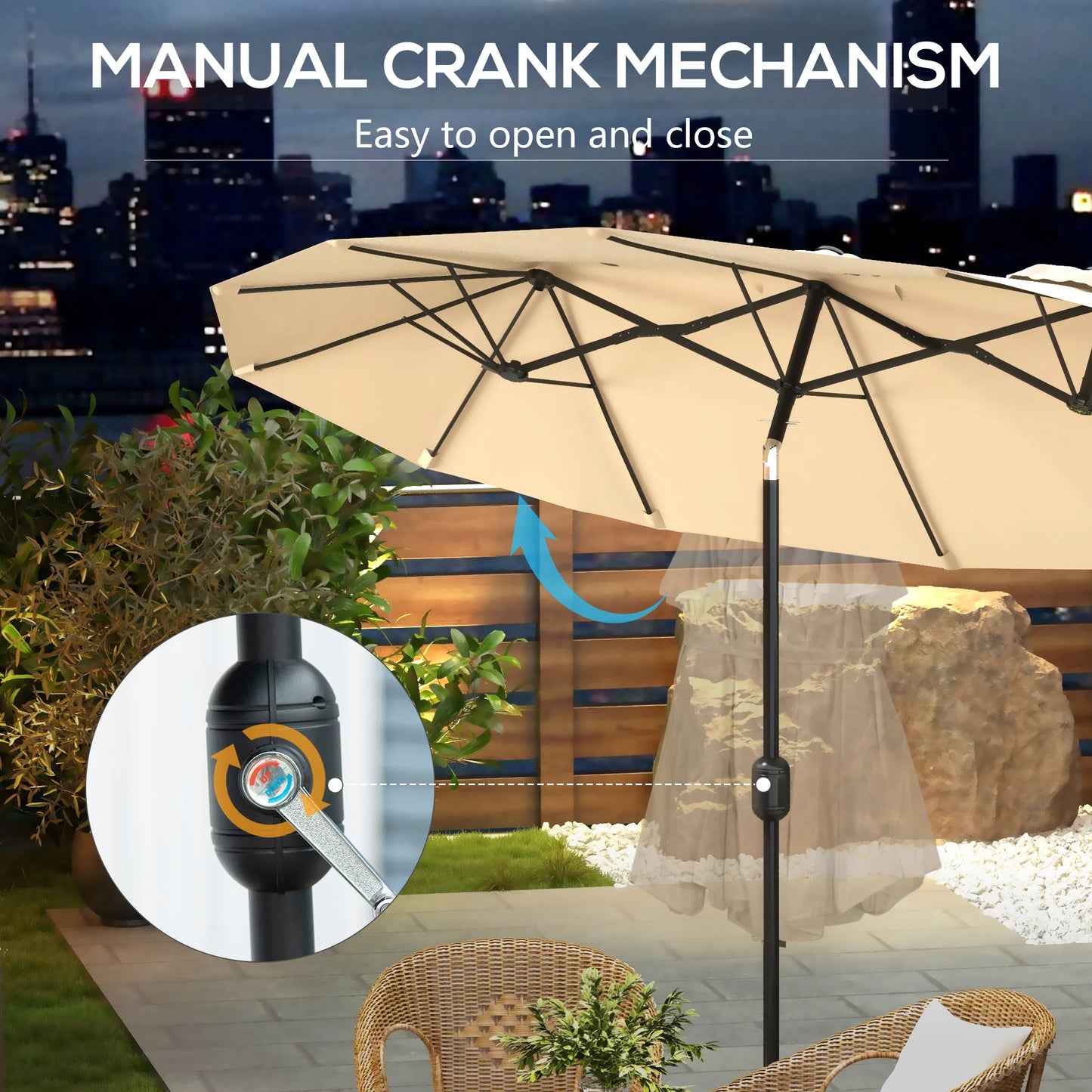 9.7' Double-Sided Patio Umbrella with 3 Air Vents, Tilt and Crank, Outdoor Umbrella, Brown