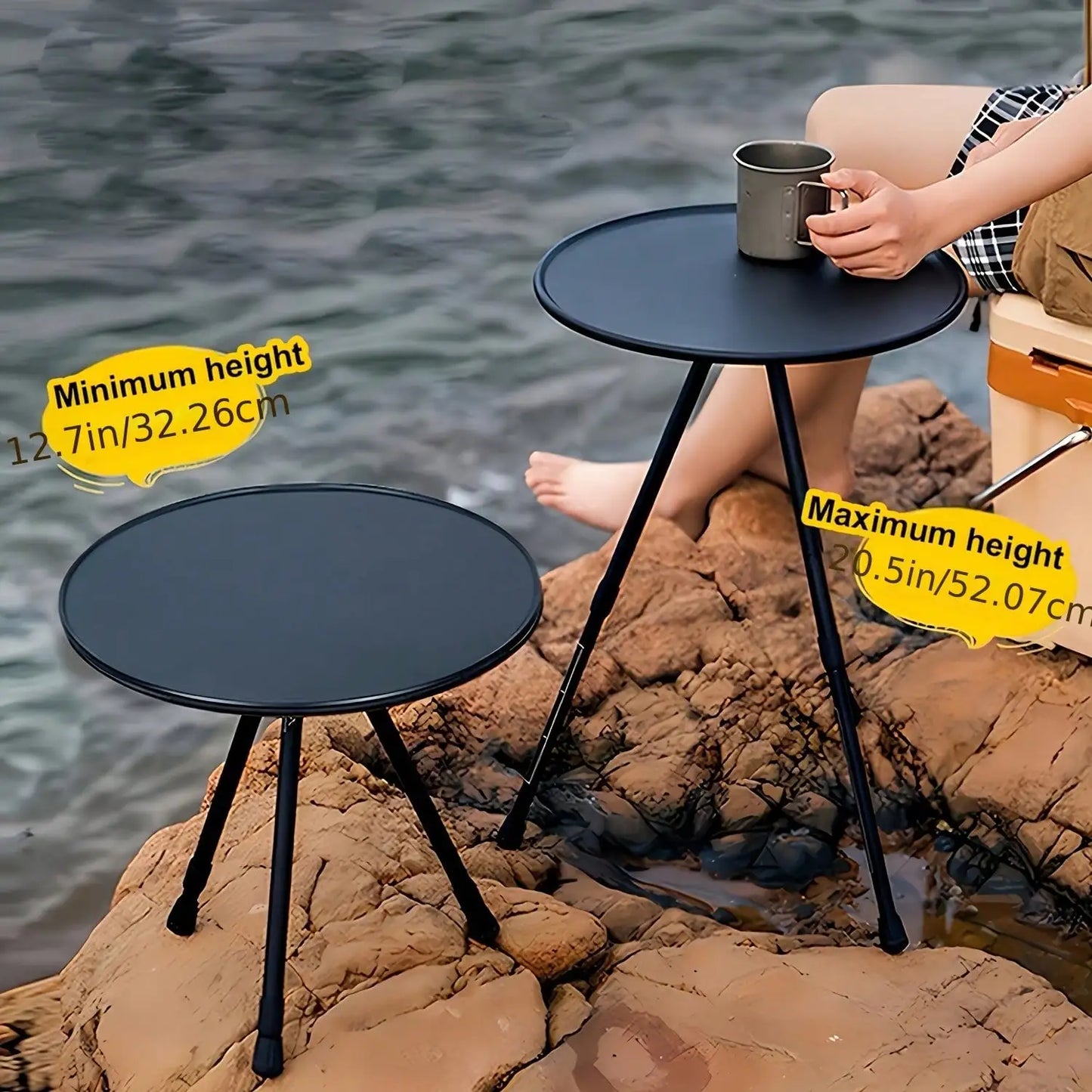 Portable Adjustable Height Camping Table, Aluminum Alloy Folding Round Dining Table, Detachable Leg Frame, Portable Design, Suitable For Outdoor Picnics, Beaches, Backyard Parties, Classic Tripod Sturdy Structure, Easy To Car