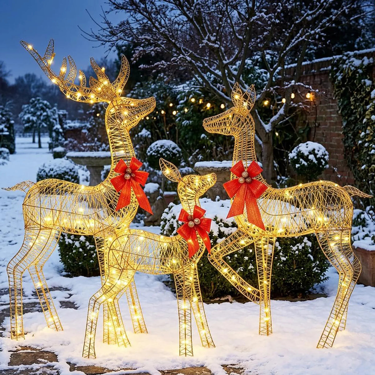 3 Piece Lighted Christmas Deer Family Outdoor, Gold Glitter Reindeer Yard Decor, 360 Warm White LED Lights, Buck Doe Fawn Set