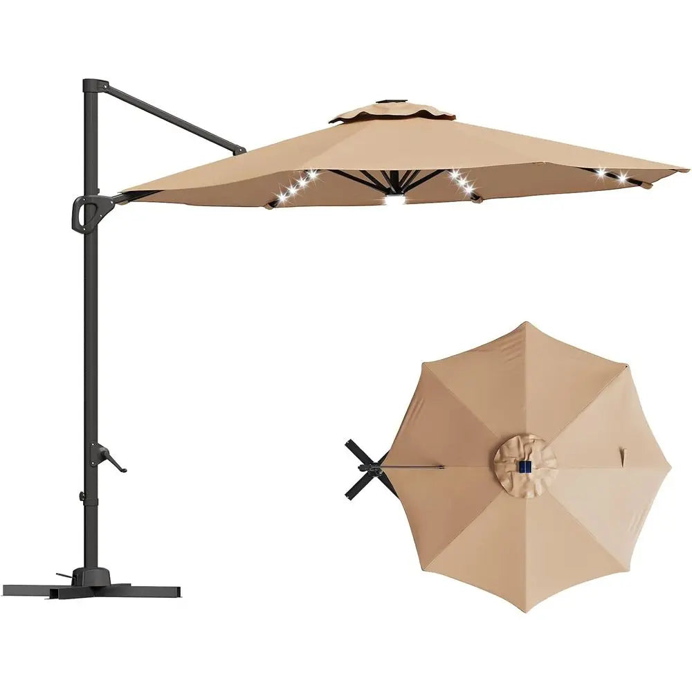10-Foot Outdoor LED-lit Cantilever Umbrella with Windproof Design and 360-Degree Rotation, Base Included, Tan