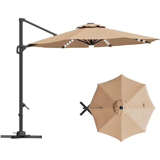 10-Foot Outdoor LED-lit Cantilever Umbrella with Windproof Design and 360-Degree Rotation, Base Included, Tan