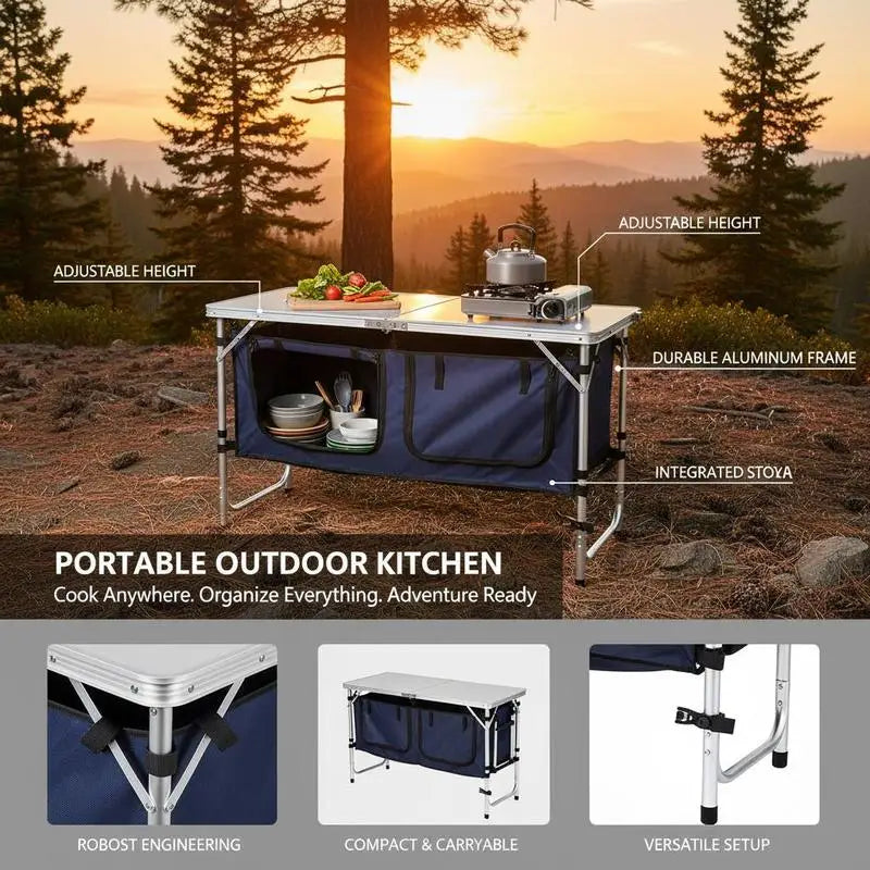 Camping Kitchen Table, Folding Outdoor Cooking Table, 3 Adjustable Height, Aluminum Lightweight Portable Cook Station with Storage Organizer, Carry Handle, for BBQ Party Picnic RV Travel, Blue