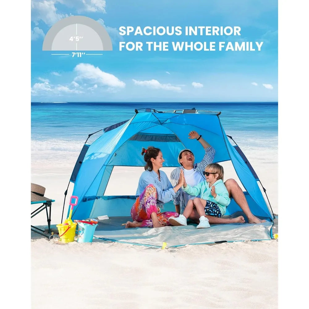 Pop Up Beach Tent for 3-4 Person, Instant Setup Sun Shelter with UPF50+ UV Protection, Portable Shade Canopy with Sandbags for Beach & Outdoor