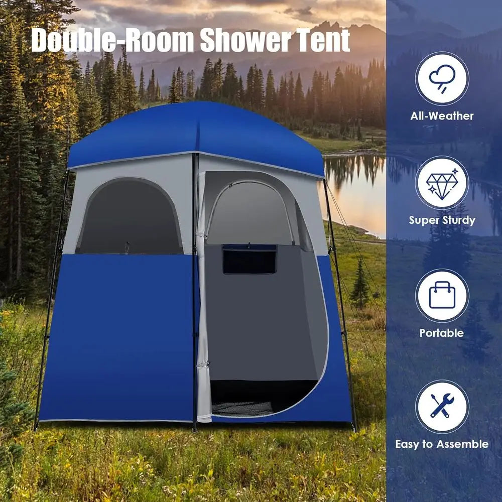 Spacious Double Room Shower Tent with Floor, Portable Privacy Shelter for Camping, Removable Rainfly, Storage Bag and Toilet
