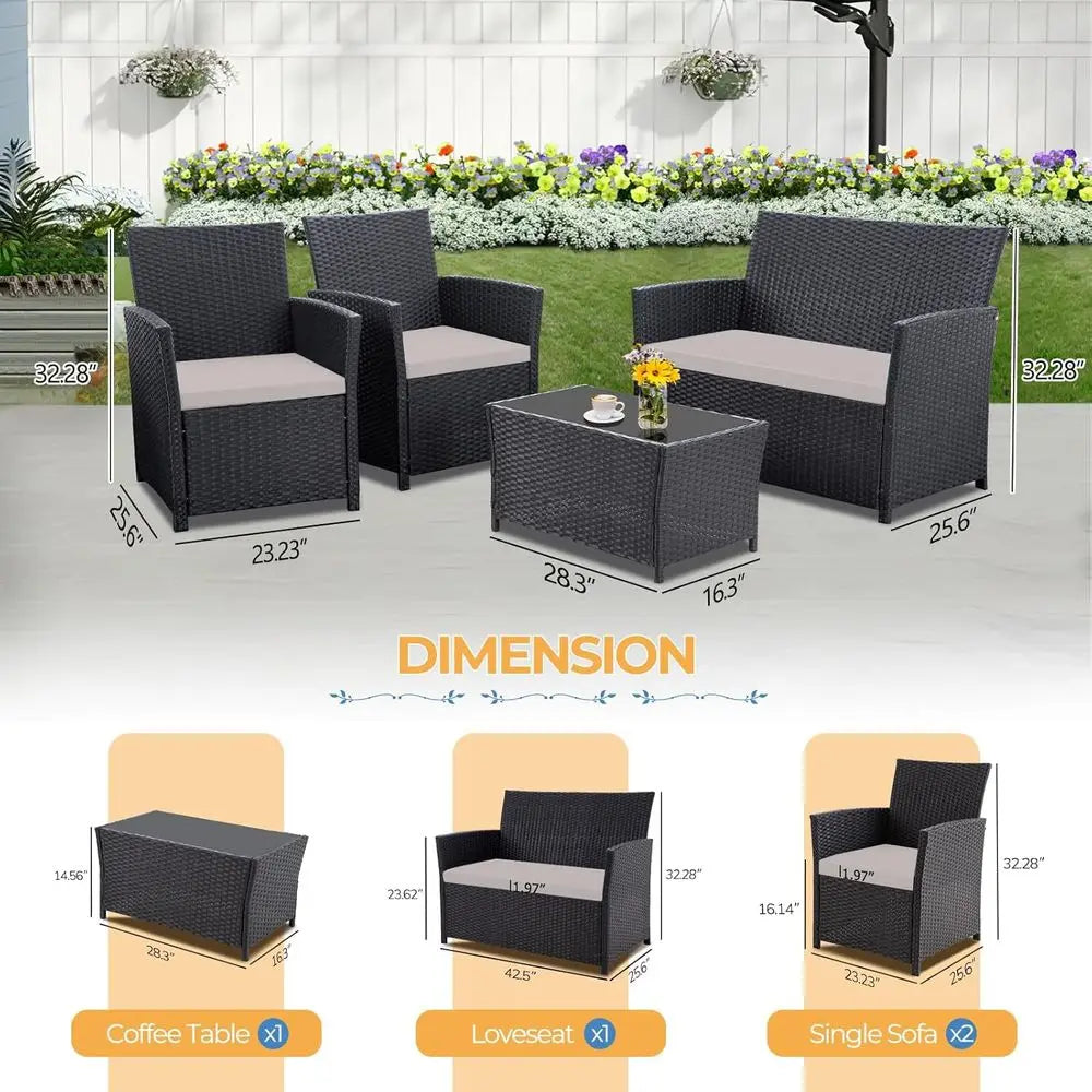 4-Piece Outdoor Patio Furniture Set, Sectional Wicker Sofa with Rattan Couch for Balcony, Porch, and Backyard (Black-Light-Grey)