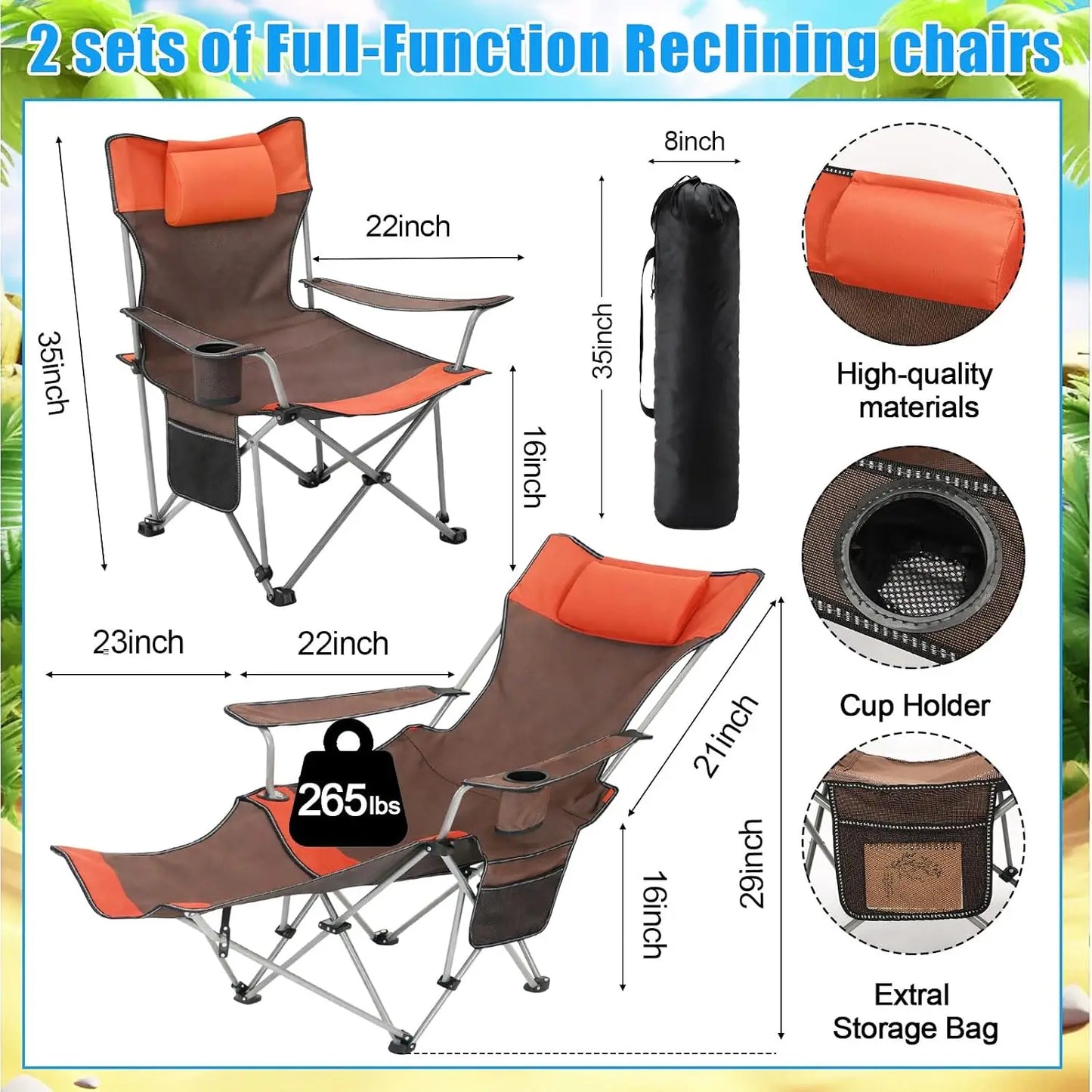 2 Pack Reclining Beach Chairs with Umbrellas Heavy Duty Folding Camping Chair Removable Footrest Adjustable Clip Canopy Lounge Chair Double Pockets Blue