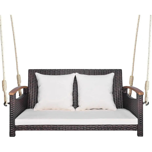 Outdoor Hanging Swing Bench with Cushions, Acacia Wood Armrests, Creamy White
