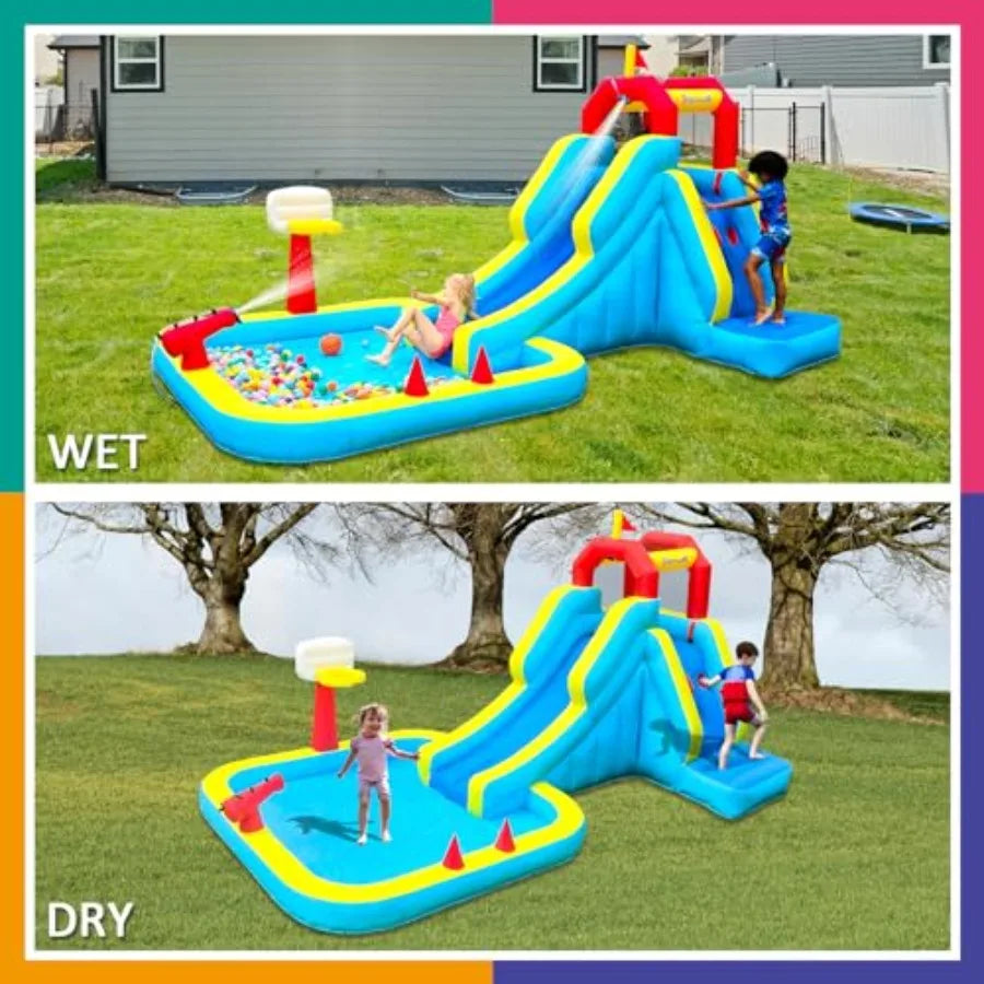 Iatable Water Slide, Blow Up Water Slide with Climbing Wall, Water Slide for Backyard with Basketball Hoop, Water Cannon and Sp
