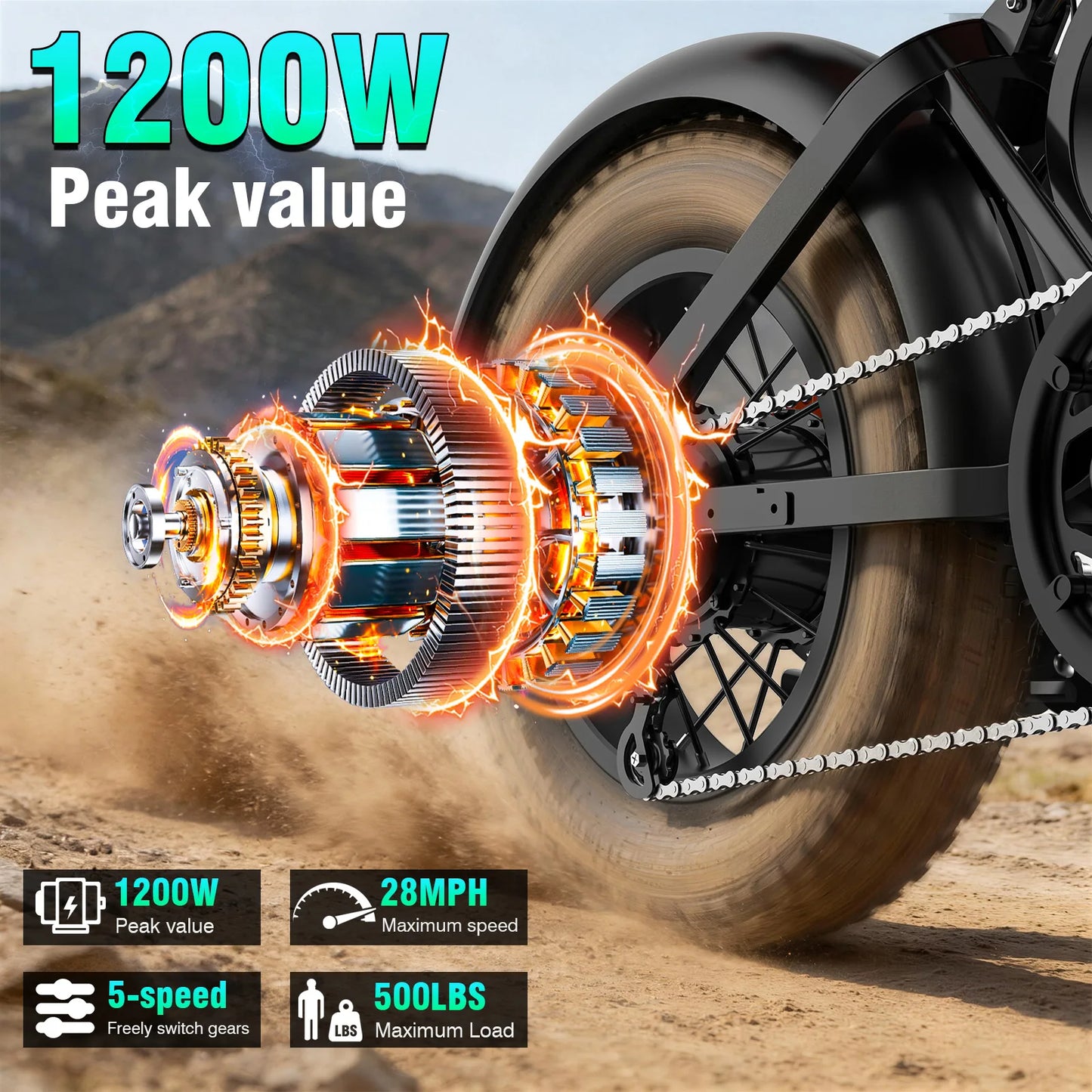 1200W Electric Dirt Bike,28MPH Electric Bike,48V18AH Removable Battery,Max Range 35Miles,5speed Adjustable E Bike,Load 500lbs