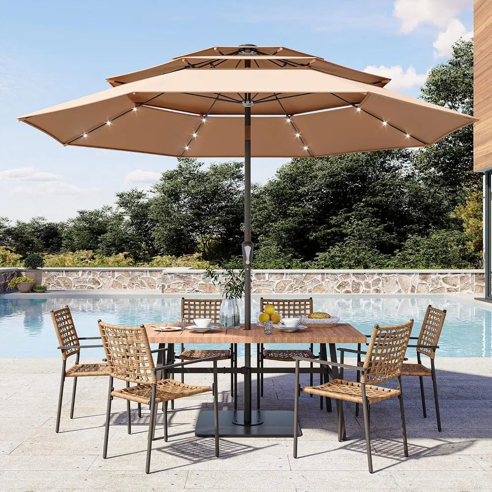 10-Foot LED Patio Umbrella with Crank and 3-Tier Canopy, 8-Rib Outdoor Market Umbrella for Poolside, Garden, Dining, Beige with