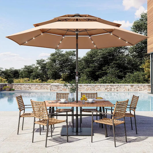 10-Foot LED Patio Umbrella with Crank and 3-Tier Canopy, 8-Rib Outdoor Market Umbrella for Poolside, Garden, Dining, Beige with