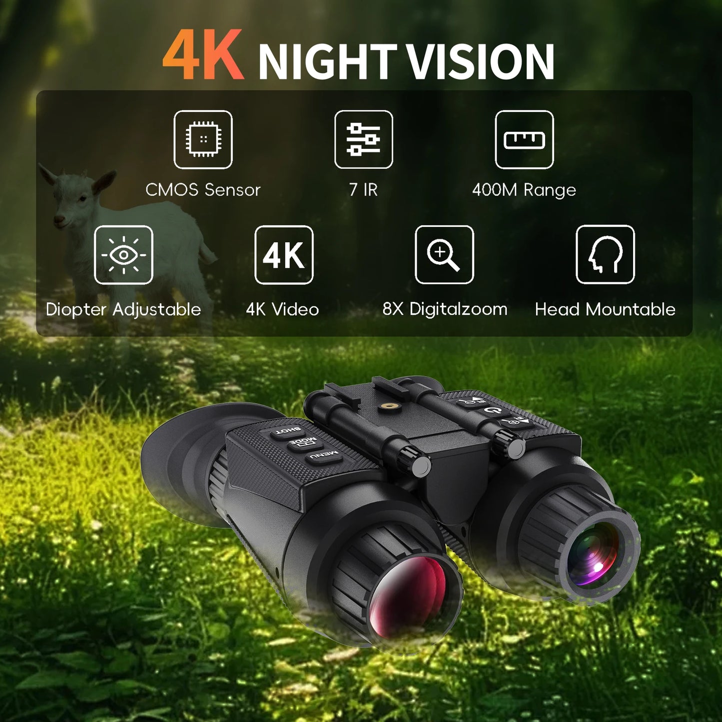 4K Head Mounted Night Vision Goggles And Binoculars For Outdoor Surveillance