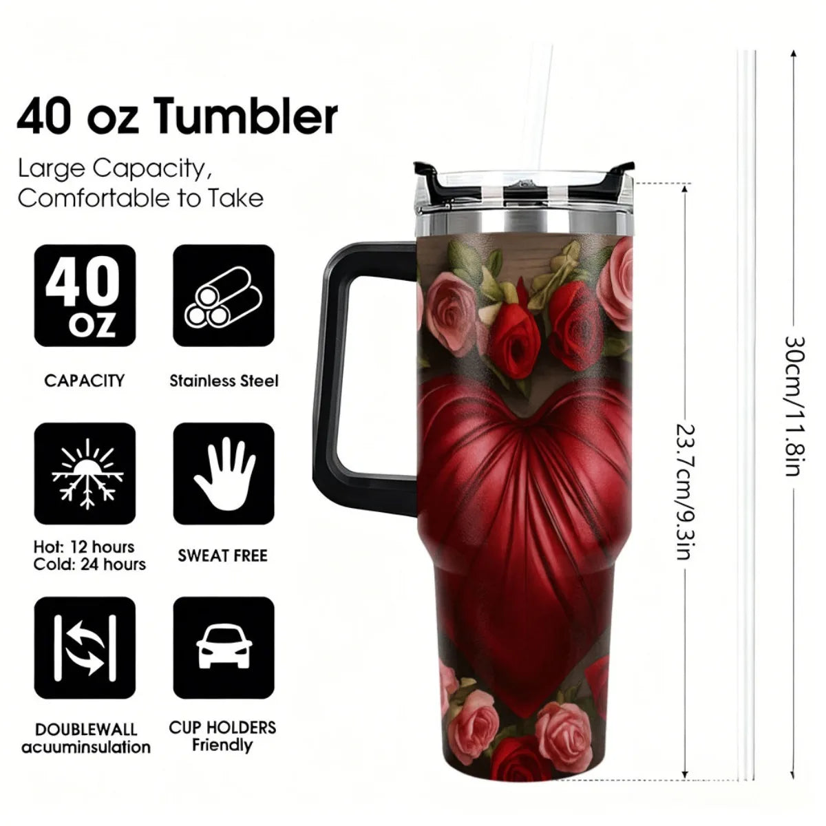 1pc 40oz Stainless Steel Tumbler with Straw - Heart & Rose Design Insulated for Hot & Cold Drinks Ideal for Mother's Day Outdoor Travel Car Cup Holder Compatible Car Beverage Holder Floral Tum