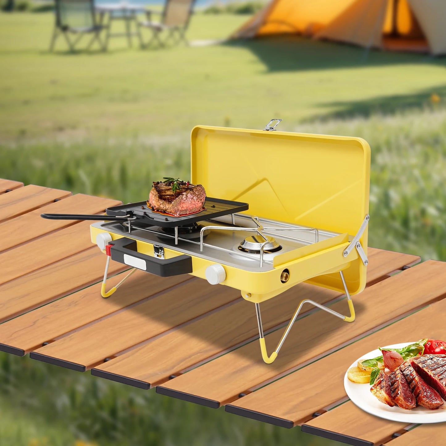 2-Burner Foldable Outdoor Cooker, Compact Portable Camp Cooking Range, Dual Flame Backpack Stove for Wilderness Hiking & Backcountry Trips
