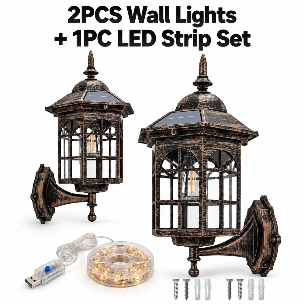 2 Pack Outdoor Solar Wall Lanterns Decorative LED Sconces Patio