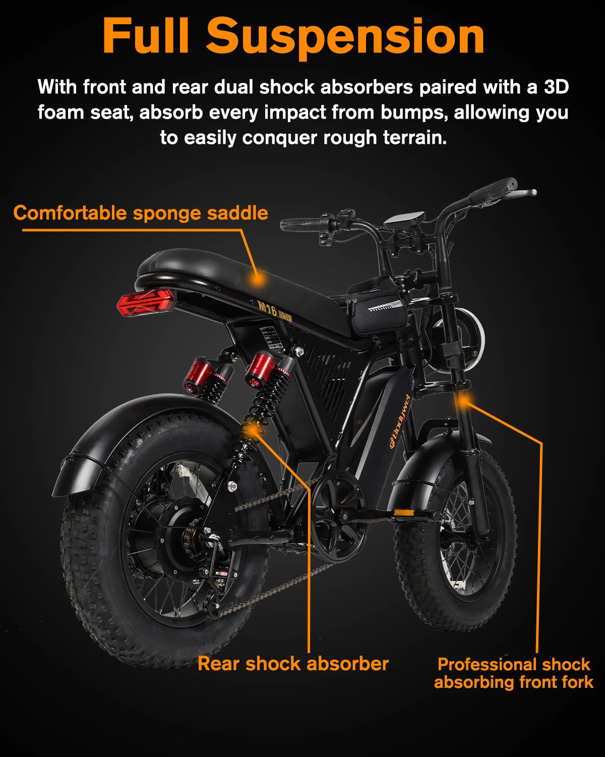1500W peak Motor Bodywel M16 PRO Fat Tire Electric Bike, 48V 15.6Ah Removable Battery, 40 Mile Range,16"x4.0 Off-Road E-Bike, UL2849–Ships from US