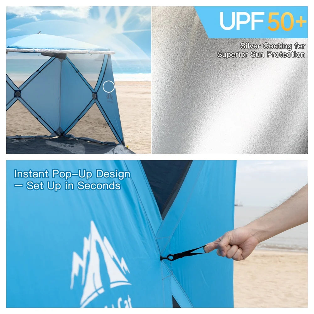 Night Cat Pop-up Beach Tent: 3 4 Persons Beach Shelter with Canopy and Footprint, UPF 50+ UV Protection Backyard Camping Outdoor Canopy Poles Not Included