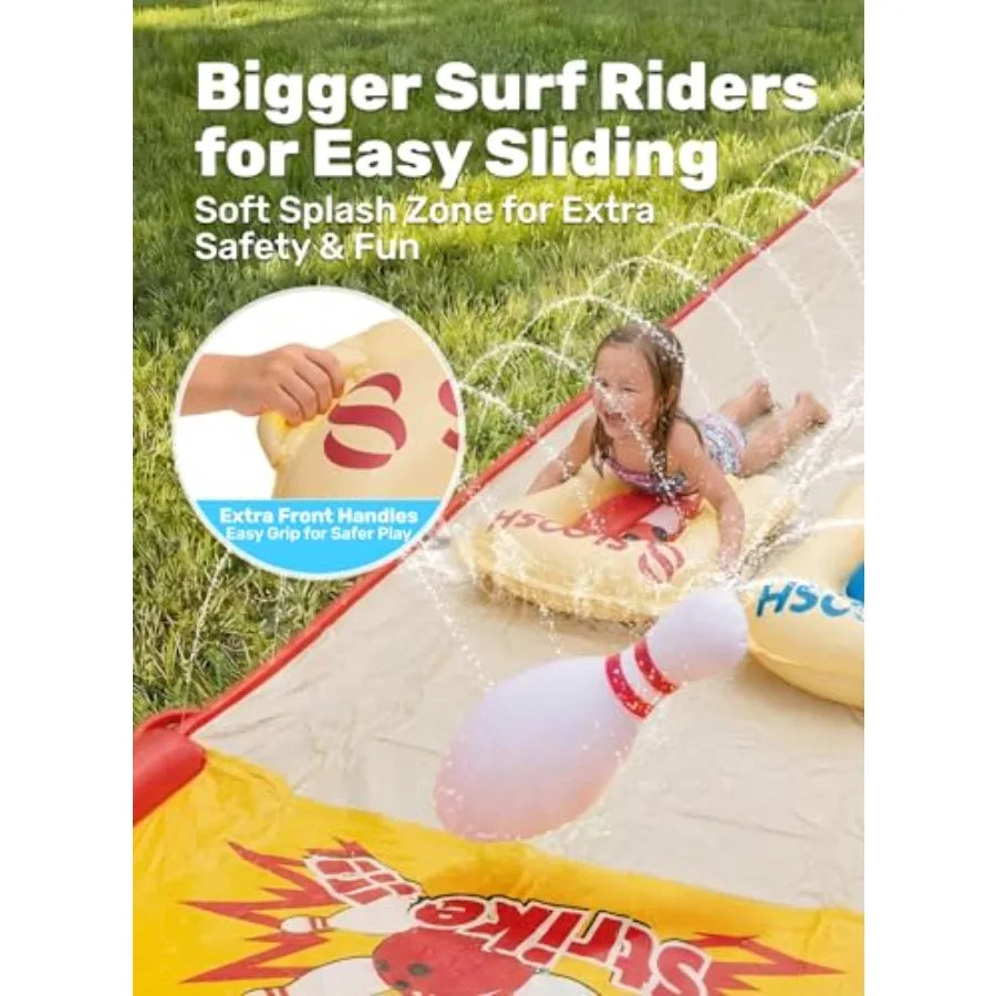 20FT Lawn Water Slide Bowling Game Set for backyard outdoor fun, PVC material, blue and yellow, built-in sprinkler and 2 bodybo