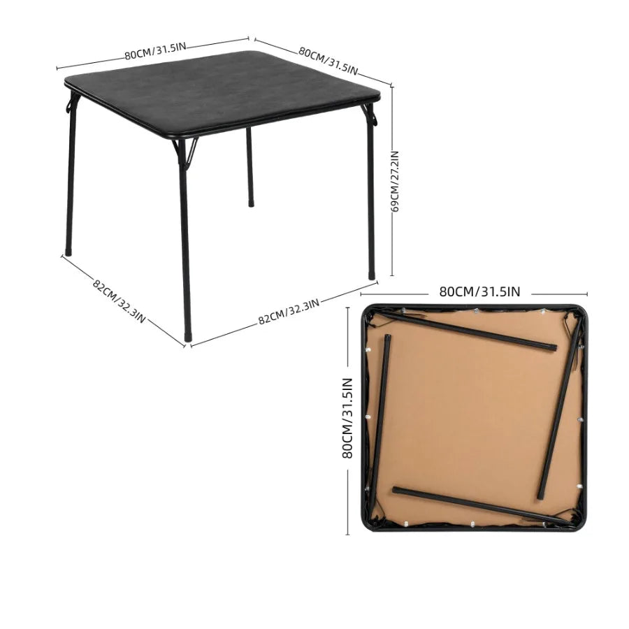 32" Square Folding Table No Assembly Portable Card Table PVC Top with Metal Frame Indoor Outdoor Use for Dining Room Living Roo